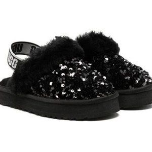 NIB YOUTH 4 WOMEN'S 6 CHUNKY‎ WEDGE SEQUIN SLIPPERS BLACK